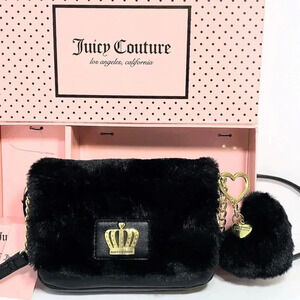 Juicy Couture Black Fur Bag & Heart Pom Pom Keychain Charm Gift Set